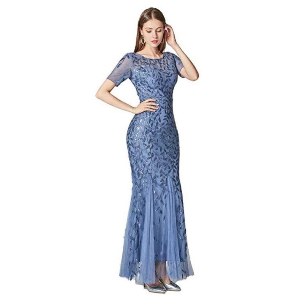 Beauty-Emily Womens Elegant Mermaid Short Sleeves Long Evening Dress